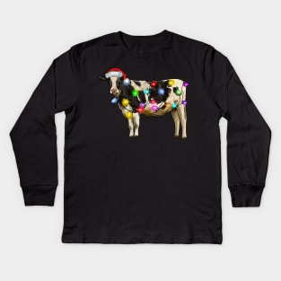 Cow With Santa Hat Christmas Lights Funny Cow Lovers Kids Long Sleeve T-Shirt